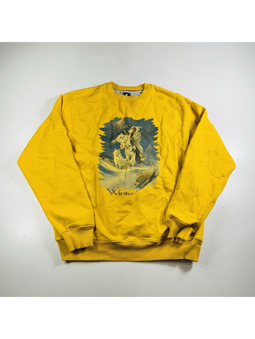 Champion Crewneck Sweater Yellow Winter Native American Indian Men’s Size Medium